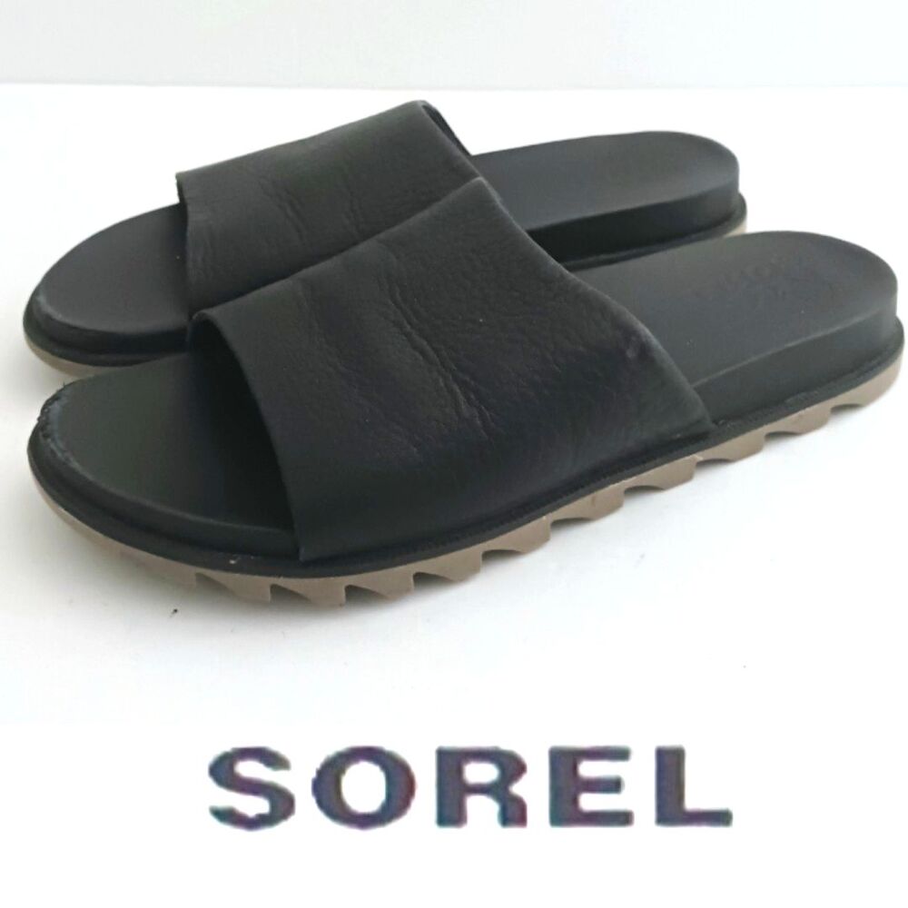 Sorel Flex Sole Slide Sandal Blk Pebbled Leather Sz 8 Cushioned Insole